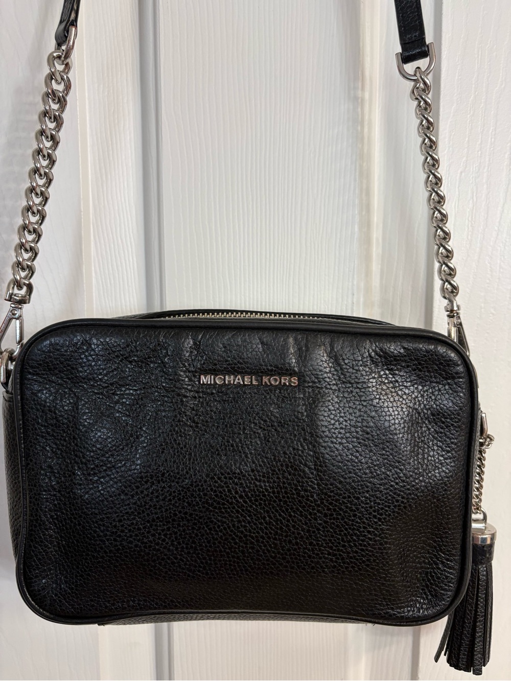 Michael Kors Black Pebbled Leather Camera Crossbody Bag with Silver Chain